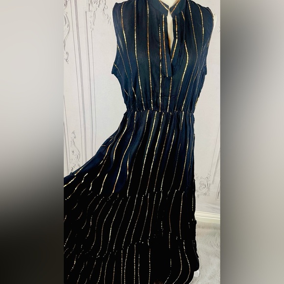 Casual Gold Metallic Striped Loose Relaxed Fit Sleeveless Midi Long Dress - Picture 5 of 8